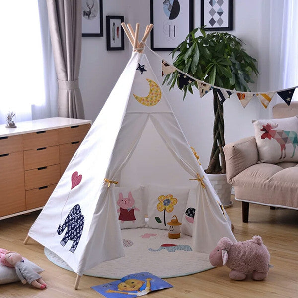 elephant - Large Canvas Teepee Tent Kids Teepee Tipi with Grey Pom Poms Indian Play Tent House Children Tipi Tee Pee Tent NO MAT