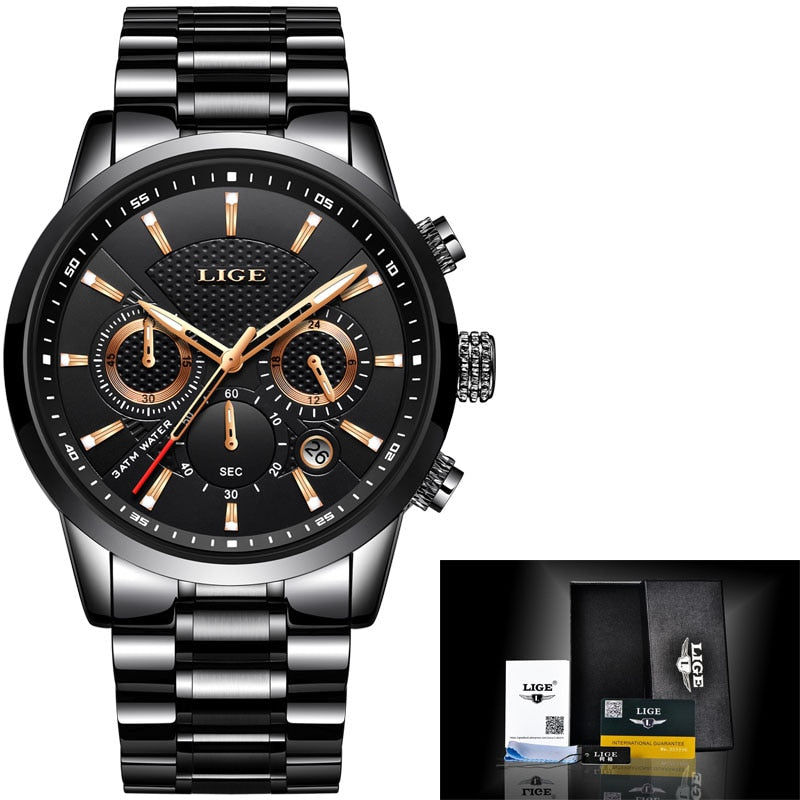 black gold - LIGE 2018 Watch Men Fashion Sport Quartz Clock Mens Watches Brand Luxury Full Steel Business Waterproof Watch Relogio Masculino