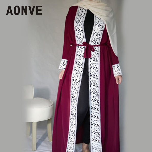 Wine Red / L - Aonve Long Lace Red Abayas Islamic Women Djellaba Dubai Lace Turkish Robes Arab Ladies Open Kaftan Muslim Moroccan Black Abaya