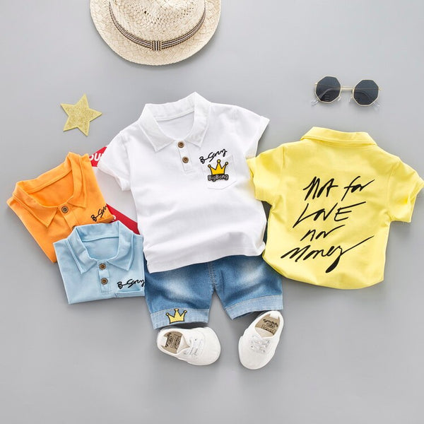 [variant_title] - baby boys summer clothes newborn children clothing sets for boy short sleeve shirts + jeans cool denim shorts suit