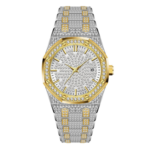 V294-Gold and Silver - 18K Gold Watch Men Luxury Brand Diamond Mens Watches Top Brand Luxury FF Iced Out Male Quartz Watch Calender Unique Gift For Men