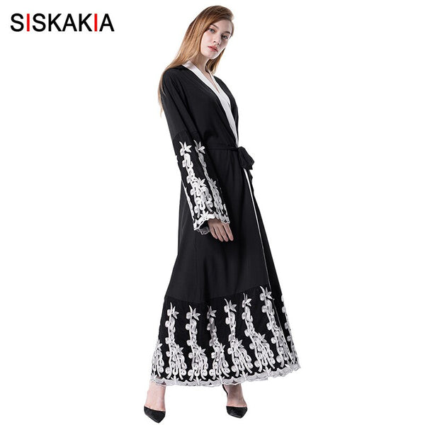 [variant_title] - Siskakia Fashion Muslim abaya formal Party Dinner Evening Cardigan robes Mesh Embroidery contrast color patchwork design tunics