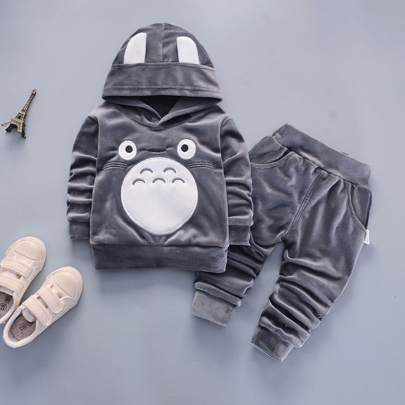 Dark Grey / 18M - Fashion Children Boys Girls Cartoon Clothing Suits Baby Velvet Hoodies Pants 2Pcs/Sets Kids Winter Clothes Toddler Tracksuits