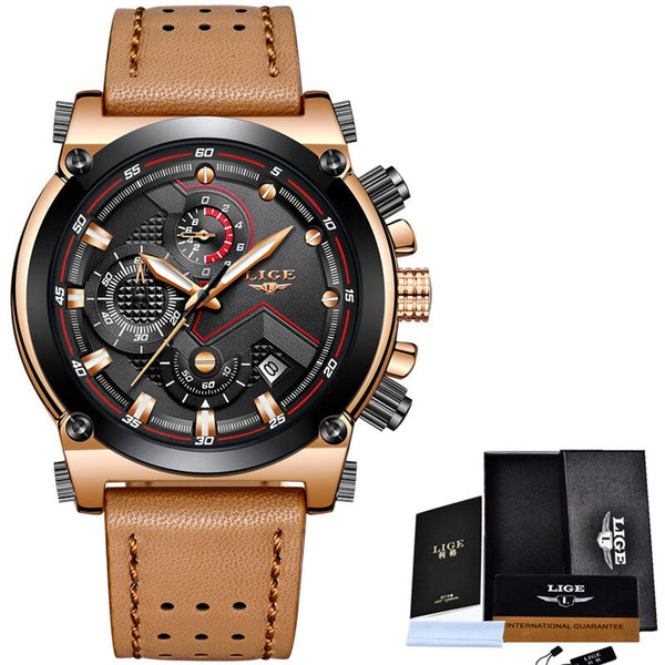 Gold Black - LIGE Fashion Mens Watches Top Brand Luxury Casual Sport Quartz Watch Men Leather Waterproof Military Wristwatch Relogio Masculio