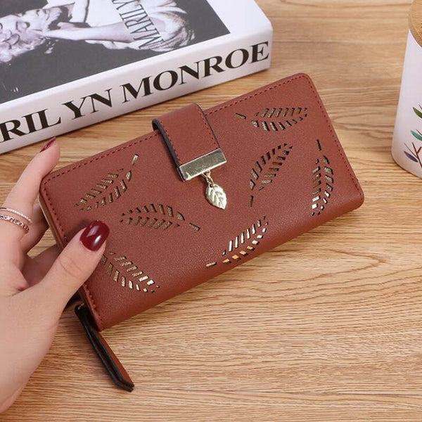 Coffee - Women Wallet PU Leather Purse Female Long Wallet Gold Hollow Leaves Pouch Handbag For Women Coin Purse Card Holders Clutch