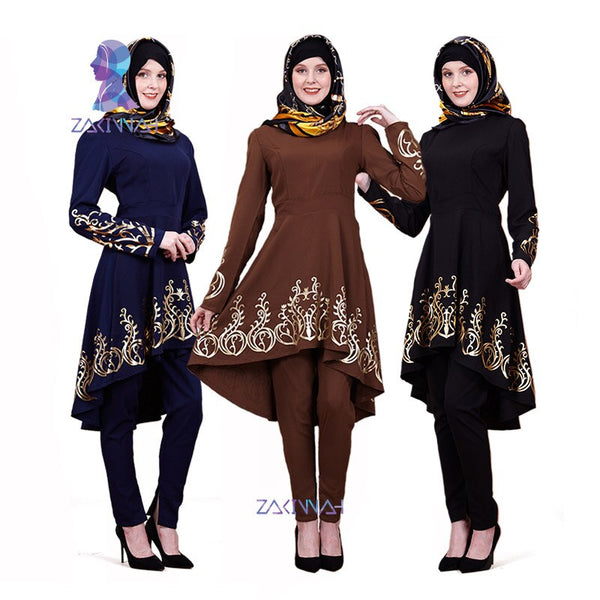 black navy brown / L - ZK009lot Muslim hot stamping top gilded Printing Women's clothing Middle East Solid color Ramadan Islamic Abaya 3pieces/lot