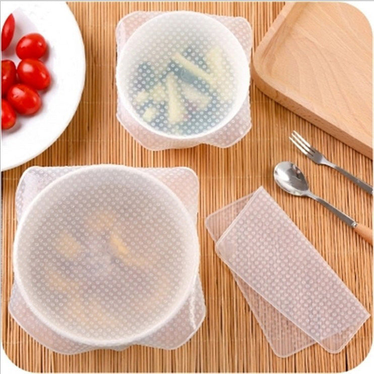 Default Title - 4pcs Food Fresh Keeping Saran Wrap Kitchen Tools Reusable High Stretch  Silicone Fruit Wraps Seal Vacuum Cover Stretch Lid