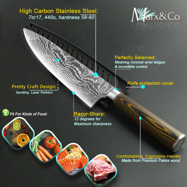 [variant_title] - Kitchen knife Chef Knives 8 inch Japanese 7CR17 440C High Carbon Stainless Steel Sanding Laser Pattern Vegetable Santoku Knife