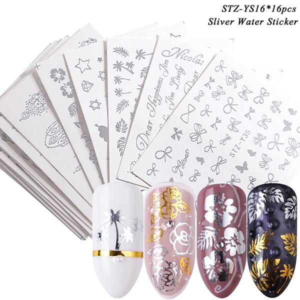 STZ-YS16 16pcs - 1 Set Mixed Design New Nail Art Sticker Set Black Lace Gold Silver Glitter Flower Water Decal Slider Wraps Decor Manicure CH830