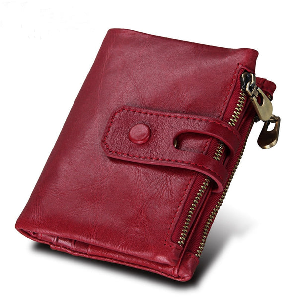 Red - 2018 Fashion Wallet Women Genuine Leather Wallets Female Hasp Double Zipper Design Coin Purse ID Card Holder Unisex Slim Wallet