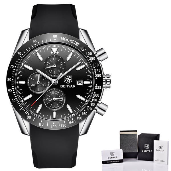 Silico Silve Black B - BENYAR Men Watches Brand Luxury Silicone Strap Waterproof Sport Quartz Chronograph Military Watch Men Clock Relogio Masculino