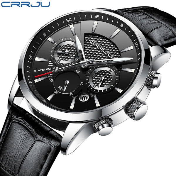 silver black - CRRJU New Fashion Men Watches Analog Quartz Wristwatches 30M Waterproof Chronograph Sport Date Leather Band Watches montre homme