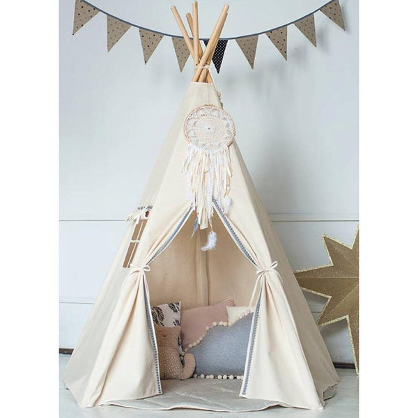 Natural - Large Canvas Teepee Tent Kids Teepee Tipi with Grey Pom Poms Indian Play Tent House Children Tipi Tee Pee Tent NO MAT