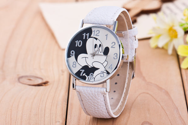 white - New Women Watch Mickey Mouse Pattern Fashion Quartz Watches Casual Cartoon Leather Clock Girls Kids Wristwatch Relogio Feminino