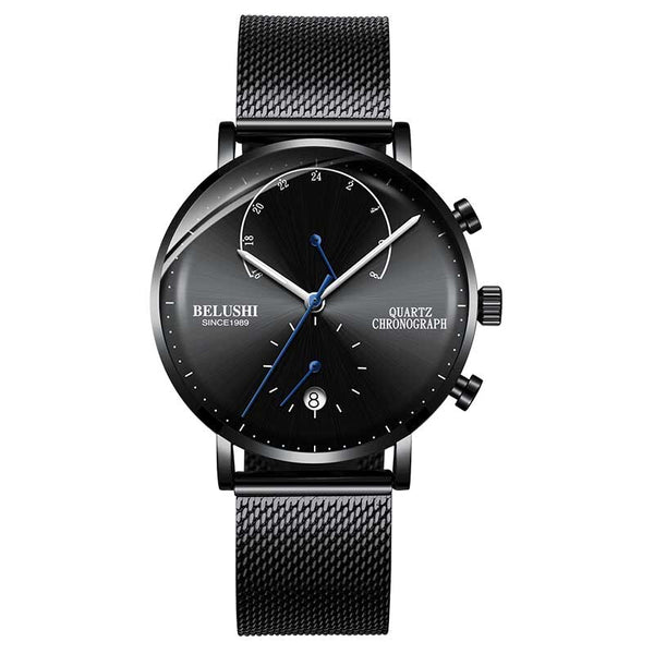steelblack - BELUSHI Fashion Quartz Watches Men Top Brand Ultra-thin Leather Men Watch Waterproof Male Auto Date Clock Relogio Masculino