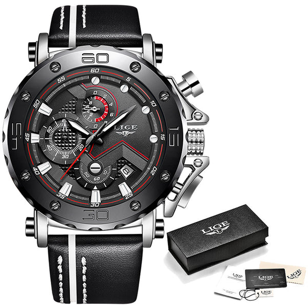 Silver black - 2019LIGE New Fashion Mens Watches Top Brand Luxury Big Dial Military Quartz Watch Leather Waterproof Sport Chronograph Watch Men