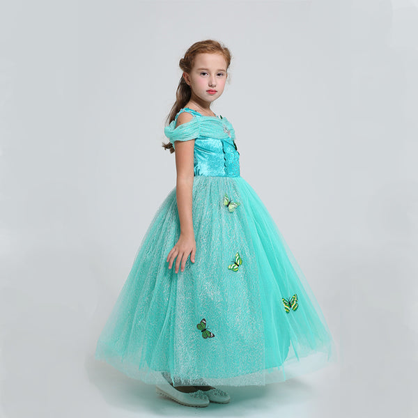 [variant_title] - Summer style long dress light green butterfly dew shoulder net yarn cartoon characters princess dress  off shoulder girl's  suit