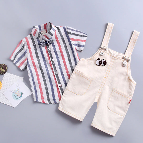 [variant_title] - Baby Boy Summer Clothes Set for Toddler Kids Clothing lattice Short Sleeve shirt + Bib pants Boy Suit 1 2 3 4 Years