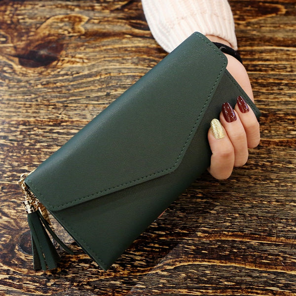 DarkGreen - Long Wallet Women Purses Tassel Fashion Coin Purse Card Holder Wallets Female High Quality Clutch Money Bag PU Leather Wallet