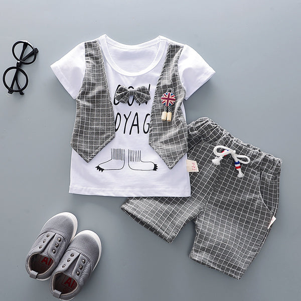 AX 2jiao2 Gray / 12M - Summer Children Boys Girls Cotton Clothes Kids Bowknot T-Shirt Shorts 2pcs/Sets Toddler Fashion Clothing Sets Baby Tracksuits