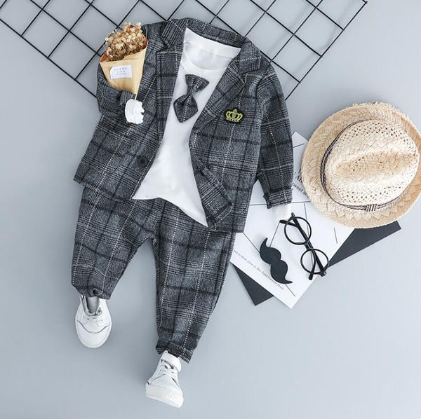 Gray / 12M - HYLKIDHUOSE Baby Boy Clothing Sets Male Children Clothes Suits Kid Gentleman Style Coats T Shirt Pants Grid Infant Clothes