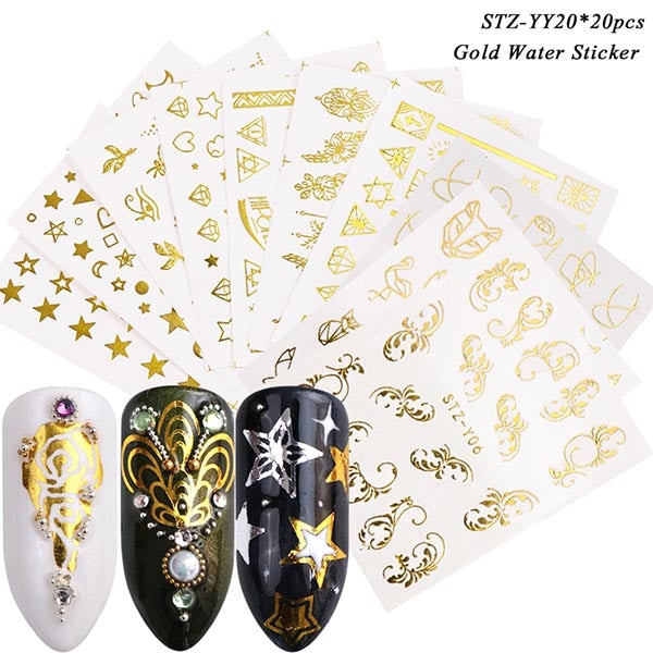 STZ-YY20 20pcs - 1 Set Mixed Design New Nail Art Sticker Set Black Lace Gold Silver Glitter Flower Water Decal Slider Wraps Decor Manicure CH830