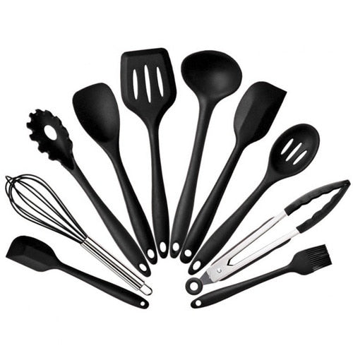 B Black - Kitchen Silicone Non-stick Cooking Spoon Spatula Ladle Egg Beaters Utensils Dinnerware Set Cooking Tools Accessories Supplies