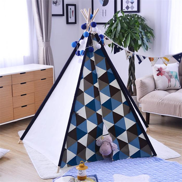 Blue Triangle - Large Canvas Teepee Tent Kids Teepee Tipi with Grey Pom Poms Indian Play Tent House Children Tipi Tee Pee Tent NO MAT