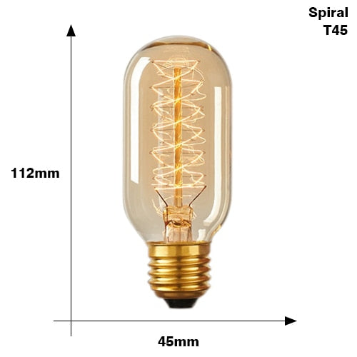 T45 Spirai / E27 220V - Retro Edison Light Bulb E27 220V 40W ST64 G80 G95 T10 T45 T185 A19 A60 Filament Incandescent Ampoule Bulbs Vintage Edison Lamp