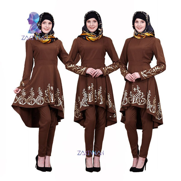 brown brown / L - ZK009lot Muslim hot stamping top gilded Printing Women's clothing Middle East Solid color Ramadan Islamic Abaya 3pieces/lot