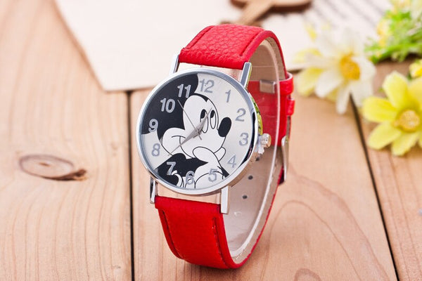 red - New Women Watch Mickey Mouse Pattern Fashion Quartz Watches Casual Cartoon Leather Clock Girls Kids Wristwatch Relogio Feminino