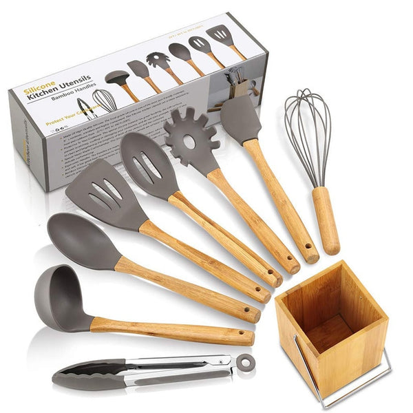 Light Grey - LMETJMA Silicone Kitchen Utensils Set 9-Piece Cooking Tools Set with Bamboo Holder Non-stick Cookware KC0212