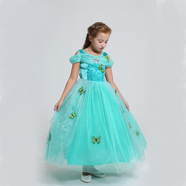 [variant_title] - Summer style long dress light green butterfly dew shoulder net yarn cartoon characters princess dress  off shoulder girl's  suit