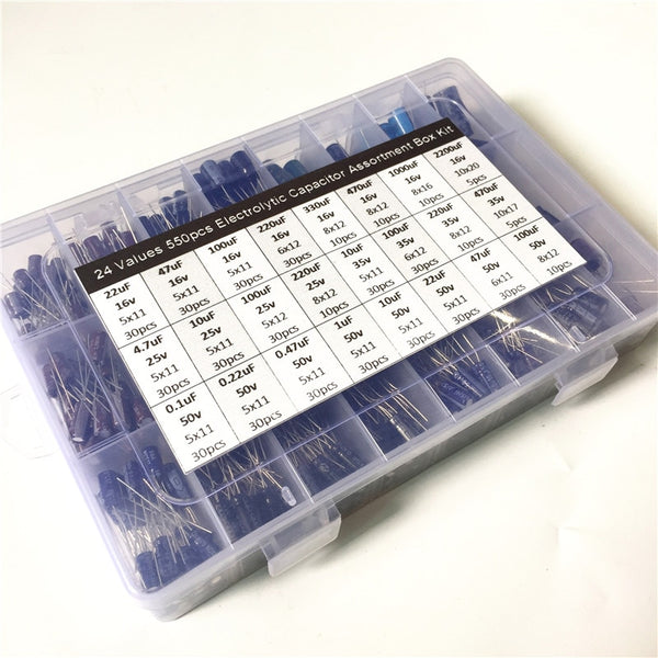 Default Title - 24 values 550pcs 16V/25V/35/50V (0.1uF to 2200uF) mix Electrolytic capacitor Assorted kit with storage box