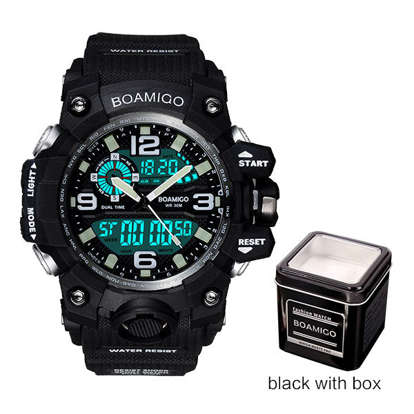 black with box - Men Sports Watches BOAMIGO Brand Digital LED Orange Shock Swim Quartz Rubber Wristwatches Waterproof Clock Relogio Masculino