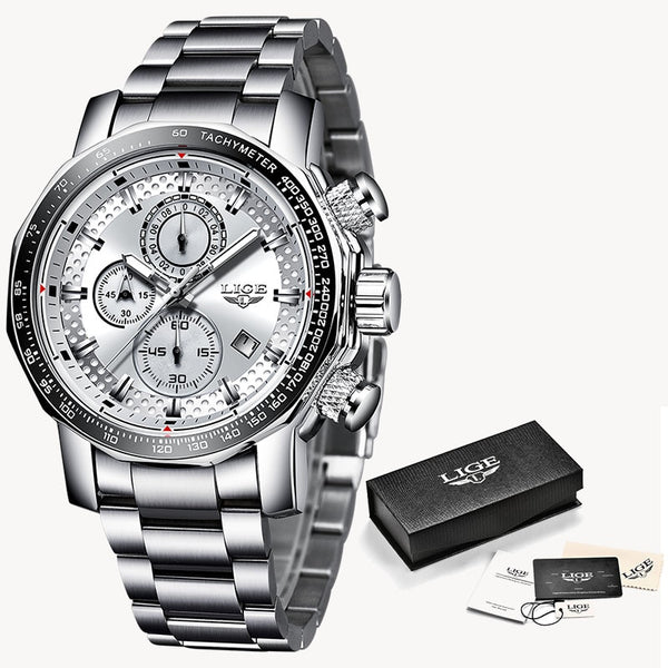 Silver white - Relogio Masculino LIGE New Sport Chronograph Mens Watches Top Brand Luxury Full Steel Quartz Clock Waterproof Big Dial Watch Men