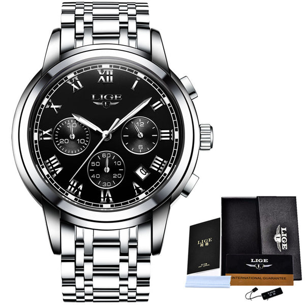 silver black steel - LIGE Watches Men Sports Waterproof Date Analogue Quartz Men's Watches Chronograph Business Watches For Men Relogio Masculino+Box