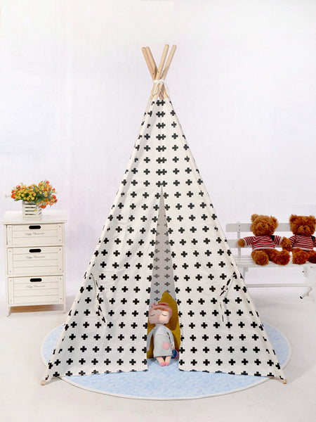 Cross Teepee - Large Canvas Teepee Tent Kids Teepee Tipi with Grey Pom Poms Indian Play Tent House Children Tipi Tee Pee Tent NO MAT