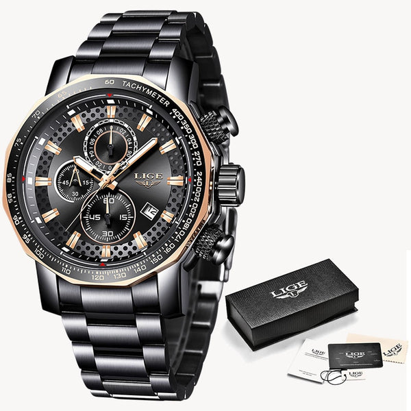 Black rose gold - Relogio Masculino LIGE New Sport Chronograph Mens Watches Top Brand Luxury Full Steel Quartz Clock Waterproof Big Dial Watch Men