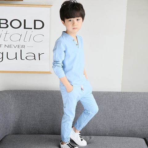 Sky Blue / 10 - Autumn Style New Boy Cotton-padded Long Sleeve Children's  Wear V Collar Pure Cotton and Linen Two-piece Suit 4-12 Ages Clothes