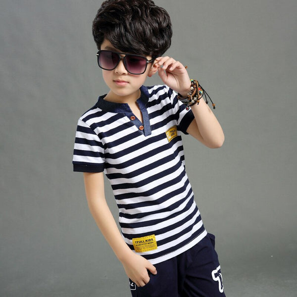 Blue / 10 - Boys and Girls  Short Sleeve T Shirt +pant Kids Clothes Sets Children's Summer V-neck Stripe Two Suit Sports Sets 4-12 Ages