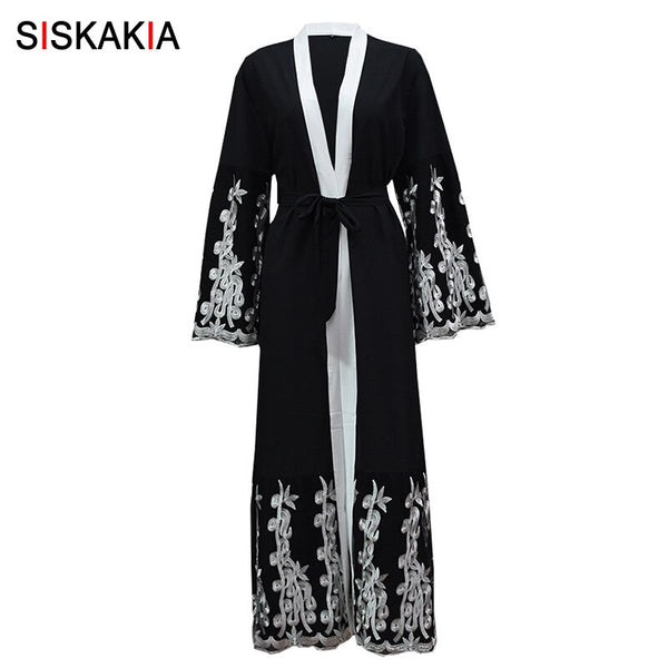 Black abaya / L - Siskakia Fashion Muslim abaya formal Party Dinner Evening Cardigan robes Mesh Embroidery contrast color patchwork design tunics