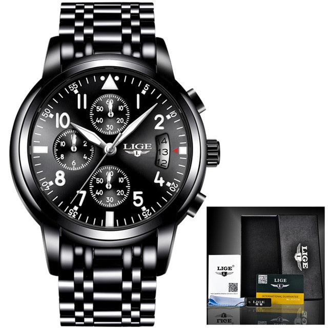 All black S - Relogio Masculino Mens Watches Waterproof Quartz Business Watch LIGE Top Brand Luxury Men Casual Sport Watch Male Relojes Hombre