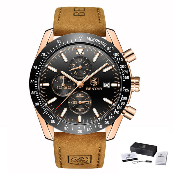 L Brown Gold Black B - BENYAR Men Watches Brand Luxury Silicone Strap Waterproof Sport Quartz Chronograph Military Watch Men Clock Relogio Masculino