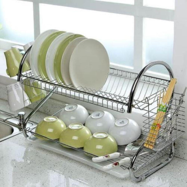 Default Title - AsyPets Large Capacity Stainless Steel 2-Layer Dish Drainer Drying Rack for Kitchen Storage