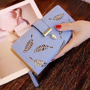 A Blue - Mara's Dream 2019 Brand Leaves Hollow Women Wallet Soft PU Leather Women's Clutch Wallet Female Designer Wallets Coin Card Purse
