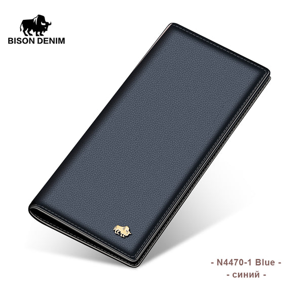N4470 Blue - BISON DENIM Cowskin Long Purse For Men Wallet Business Men's Thin Genuine Leather Wallet Brand Design Slim Wallets N4470&N4391