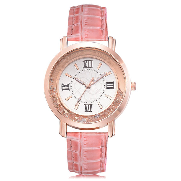 Pink - New ladies watch Rhinestone Leather Bracelet Wristwatch Women Fashion Watches Ladies Alloy Analog Quartz relojes @F