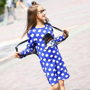 [variant_title] - 2016 Autumn Fall Teen Girls Polka Dot Dress Blue Black Cute Cat Cartoon Characters Frocks for Age56789 10 11 12 13 14T Years Old