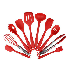 A Red - Kitchen Silicone Non-stick Cooking Spoon Spatula Ladle Egg Beaters Utensils Dinnerware Set Cooking Tools Accessories Supplies